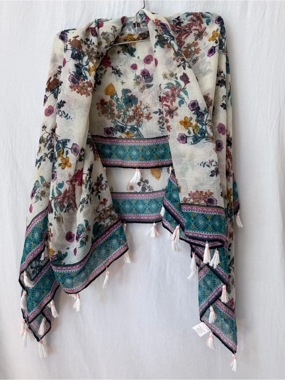 Floral Jewel Toned Folk Tassel Scarf Wrap